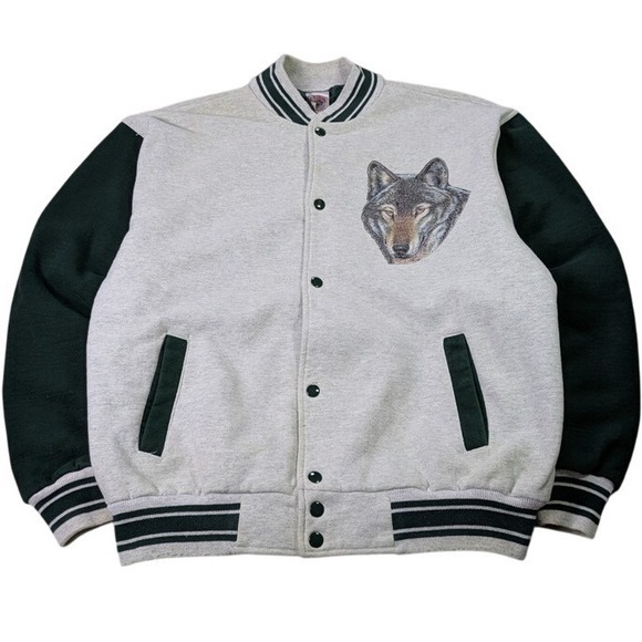 VTG Fruit of the Loom Wolf Print‎ Varsity Jacket Snap Front Mens XL Grey Green - Picture 1 of 14
